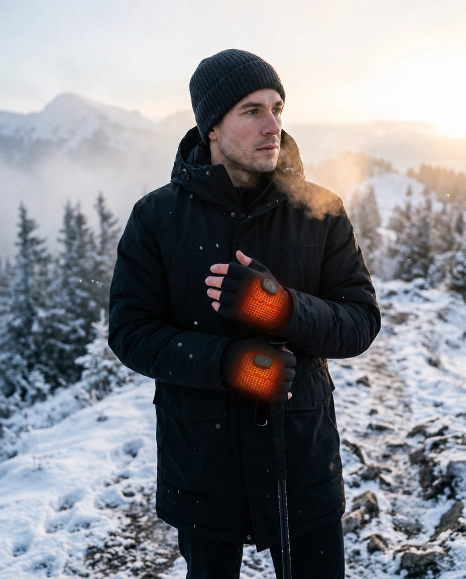 Mann trägt beheizbare fingerlose Handschuhe im Schnee