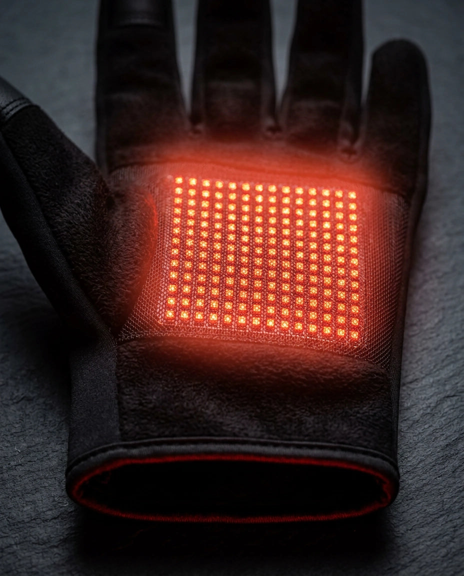 Wärmehandschuhe mit Rotlicht – Nahaufnahme der roten LEDs im Inneren