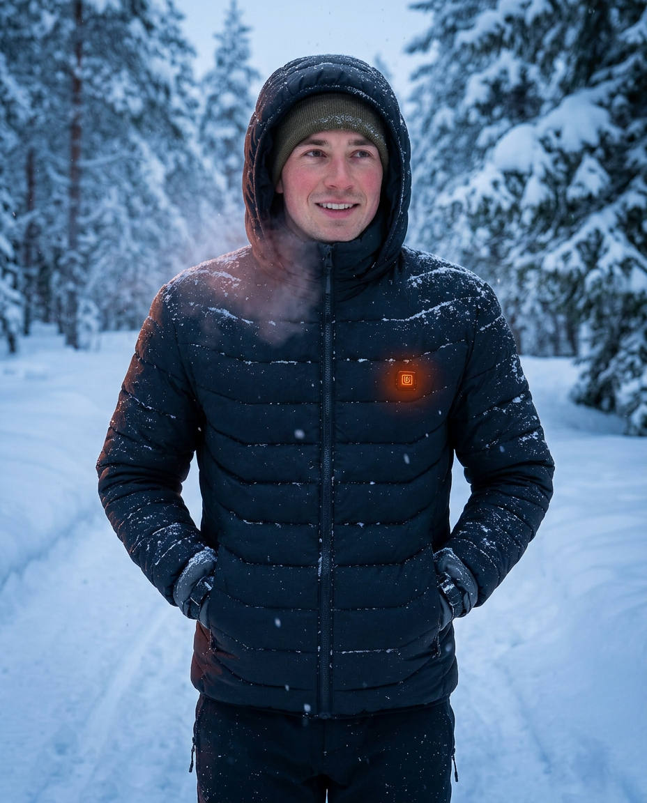 Man hiking in a snowy forest wearing the heated jacket with chest glow