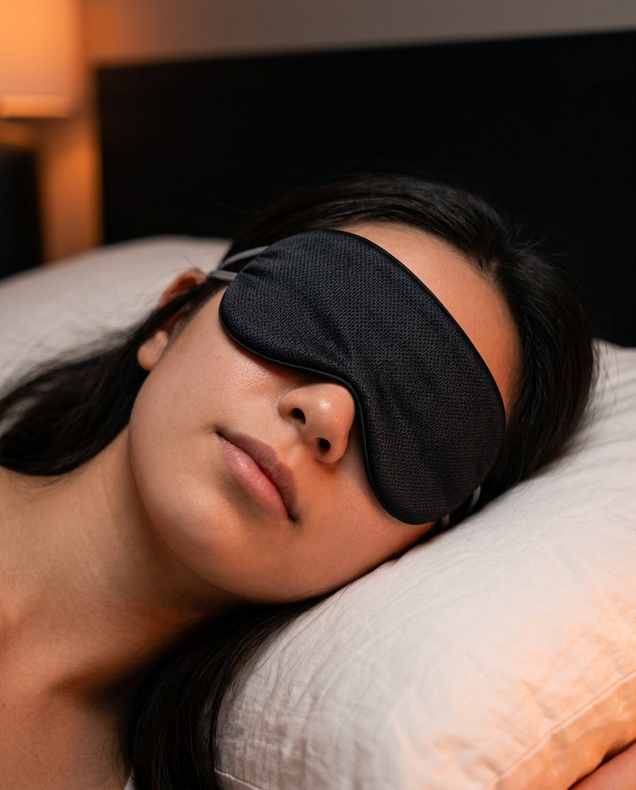 A woman resting peacefully in bed in a calm, dimly lit bedroom