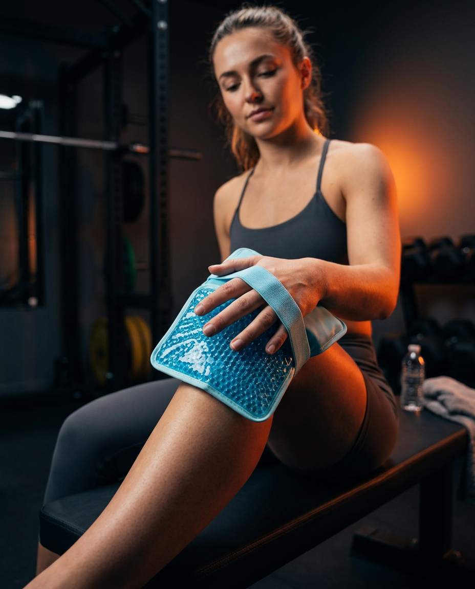 Woman at the gym pressing a blue gel pack against her knee for cold therapy