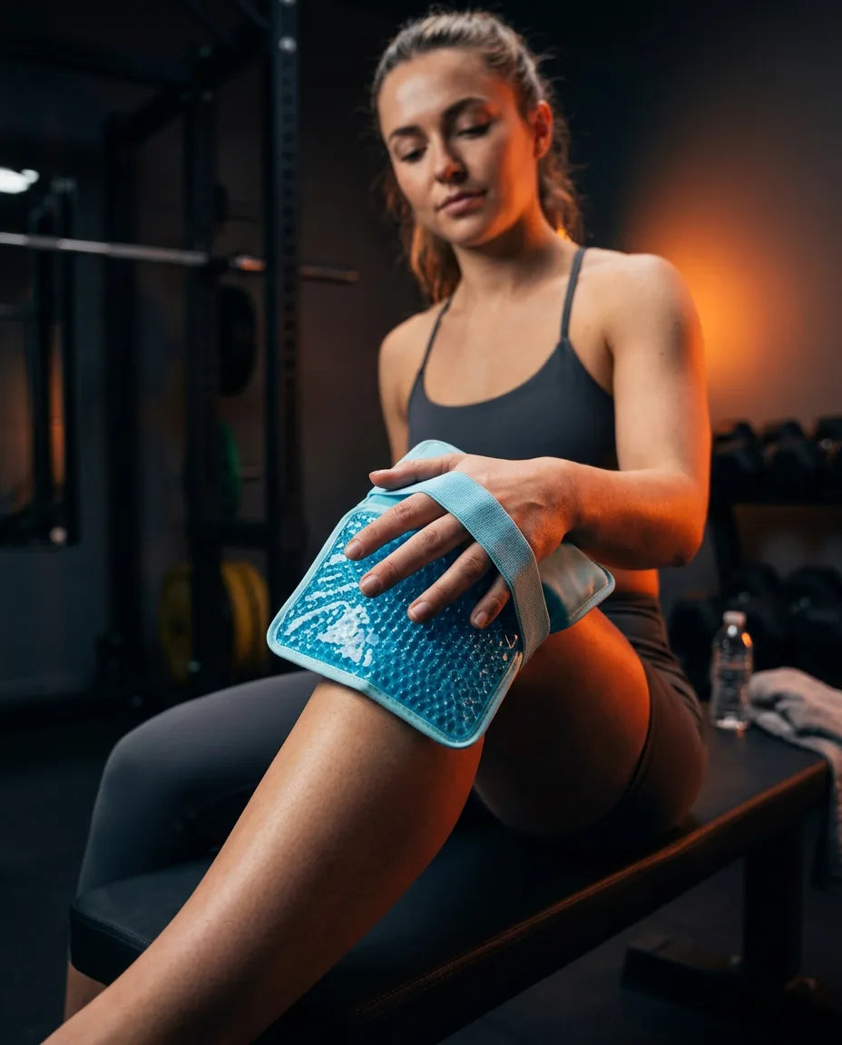 Woman applying a cold gel pack to her knee during a home recovery session
