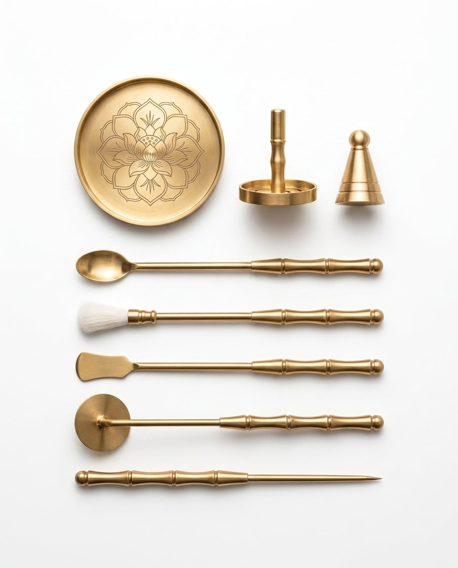 Räucherstäbchen-Set aus Messing – Ritual-Werkzeuge für Pulver und Kegel – Produktbild 1