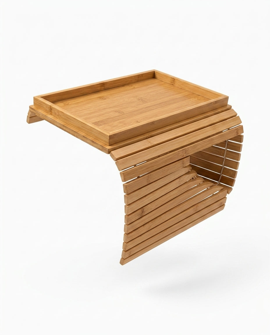 Sofatablett für die Armlehne aus Bambus – klappbare Ablage für Tasse, Buch und Fernbedienung – Produktbild 1