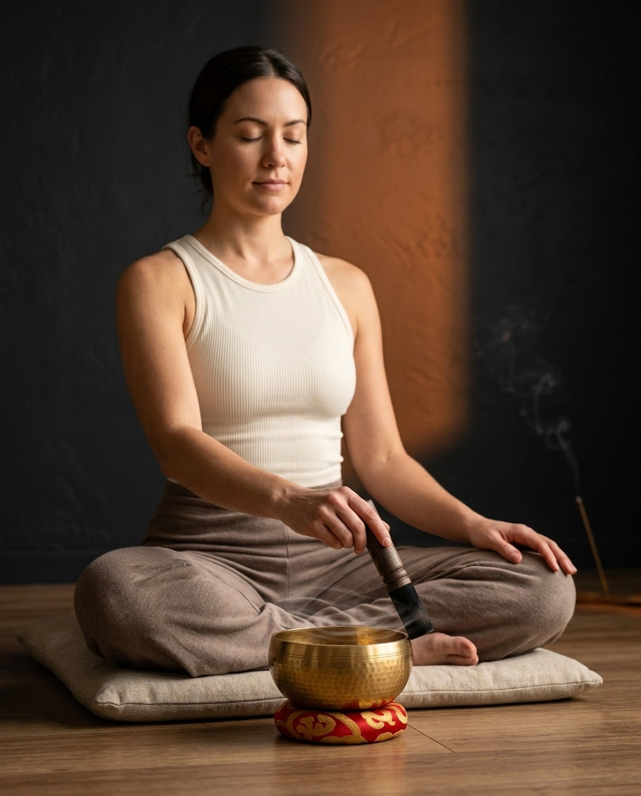 Klangschale aus Kupfer mit Klöppel und Kissen – handgefertigt für Meditation – Produktbild 2