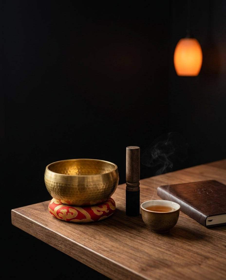 Klangschale aus Kupfer mit Klöppel und Kissen – handgefertigt für Meditation – Produktbild 3