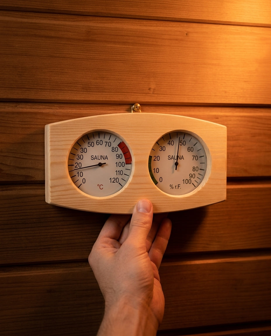 Sauna-Thermometer und Hygrometer aus Holz – Hitze und Feuchte auf einen Blick – Produktbild 4