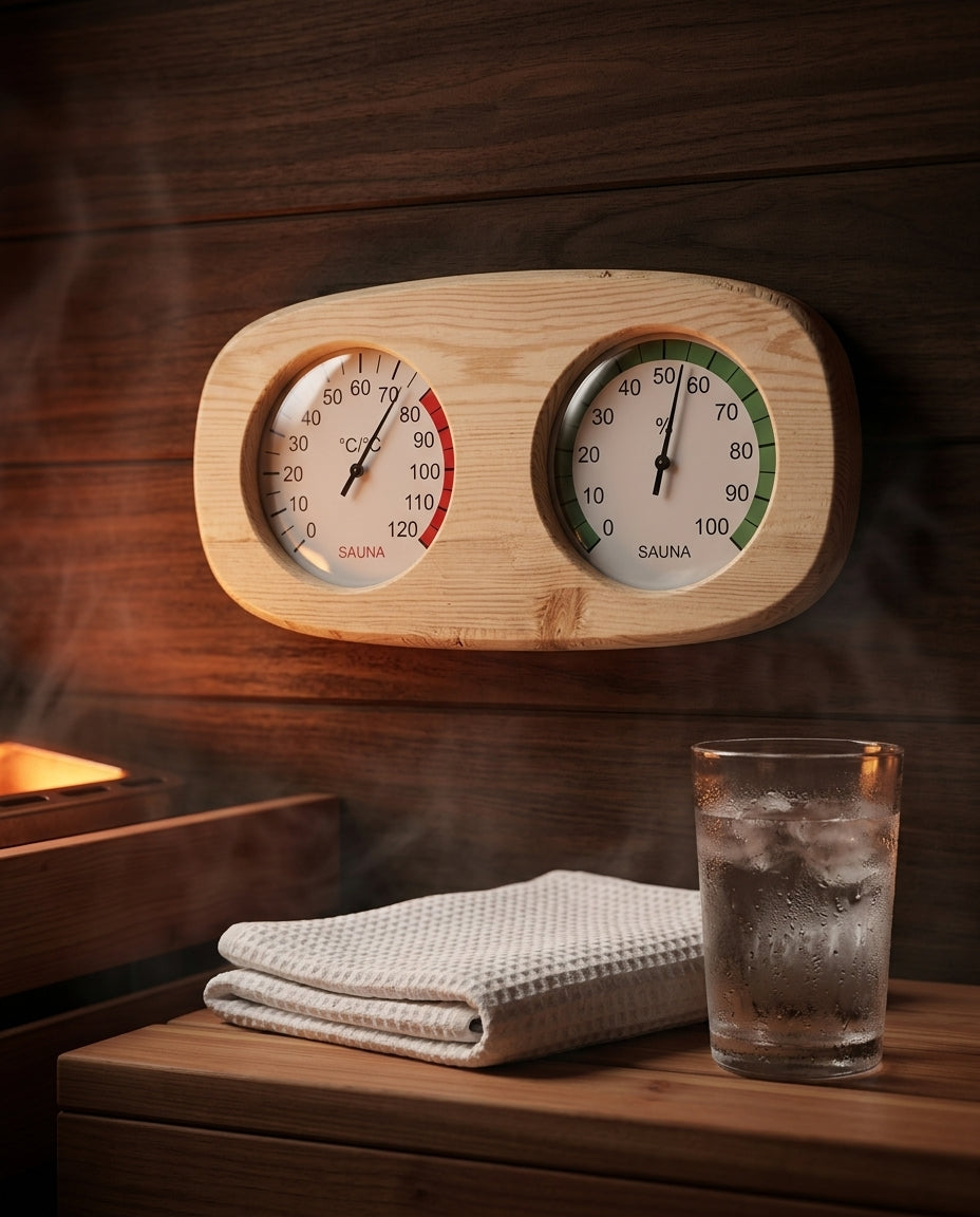 Sauna-Thermometer und Hygrometer aus Holz – Hitze und Feuchte auf einen Blick – Produktbild 8