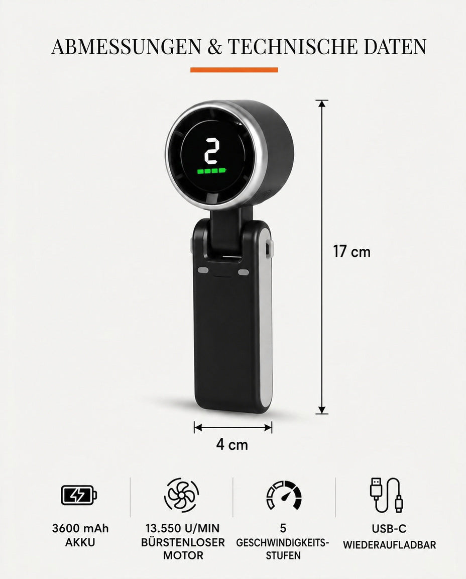 Handventilator mit Turbo und Digitalanzeige – faltbar und per USB-C aufladbar – Produktbild 9