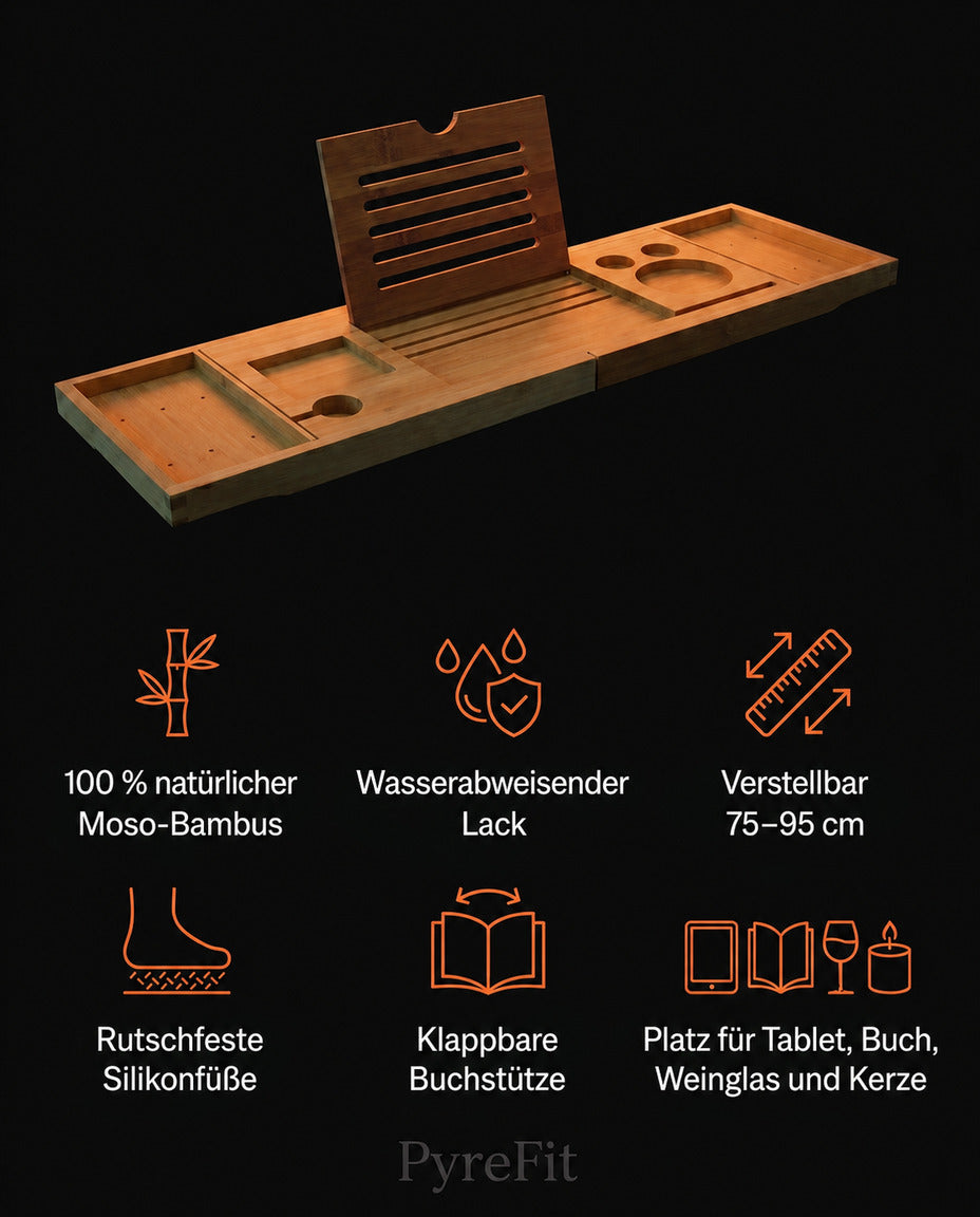 Badewannenablage aus Bambus – ausziehbar mit Platz für Buch, Tablet, Glas und Kerzen – Produktbild 8