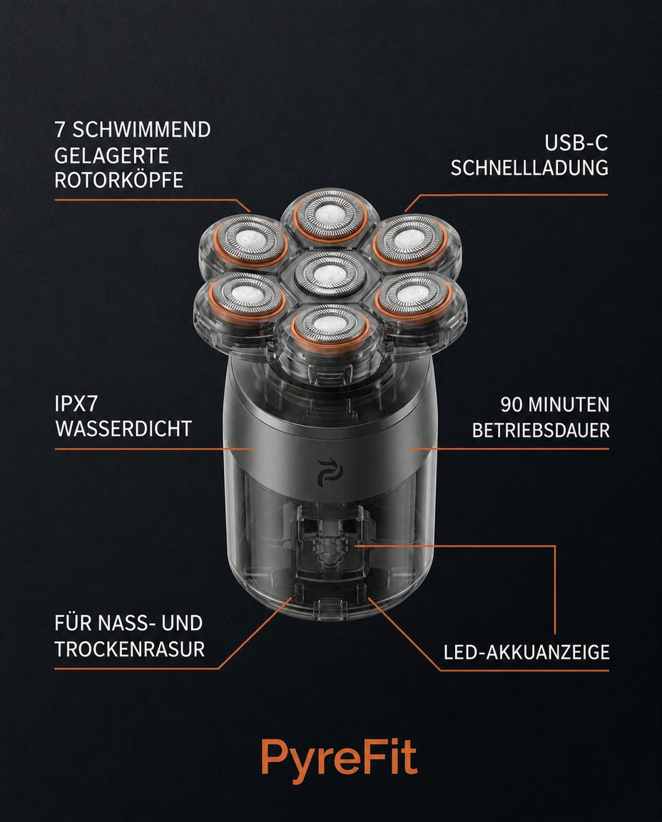 Glatzenrasierer mit 7 schwenkbaren Köpfen – schnelle Rasur nass und trocken – Produktbild 10