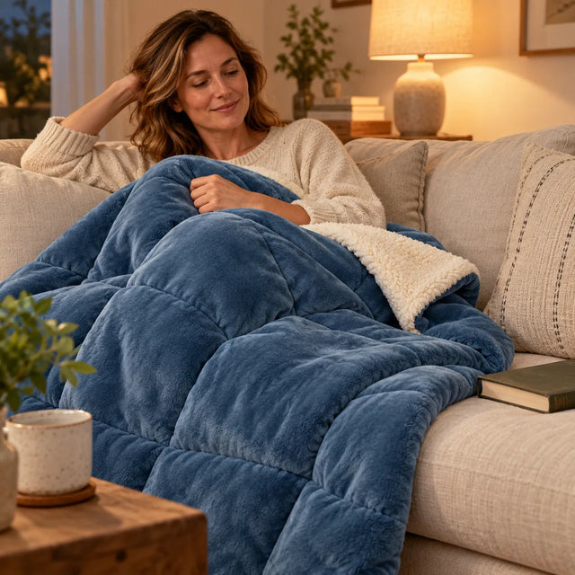 PyreFit Winterdecke in blau – auf dem Sofa