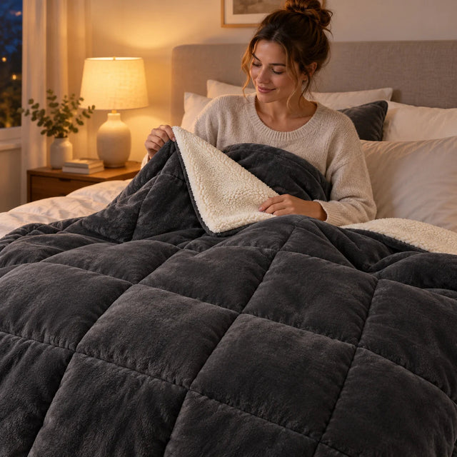PyreFit Winterdecke in dunkelgrau – auf dem Bett