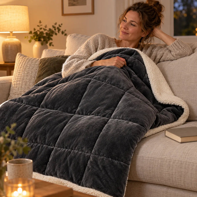 PyreFit Winterdecke in dunkelgrau – auf dem Sofa