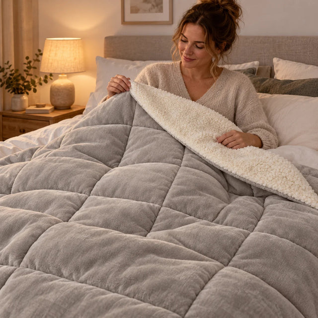 PyreFit Winterdecke in hellgrau – auf dem Bett