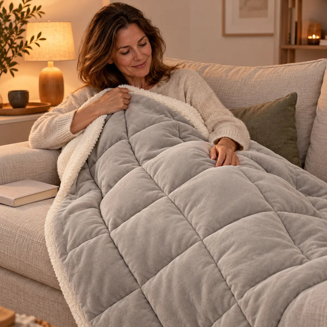 PyreFit Winterdecke in hellgrau – auf dem Sofa