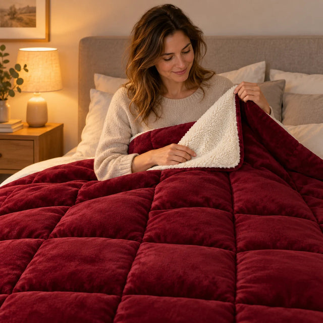 PyreFit Winterdecke in rot – auf dem Bett