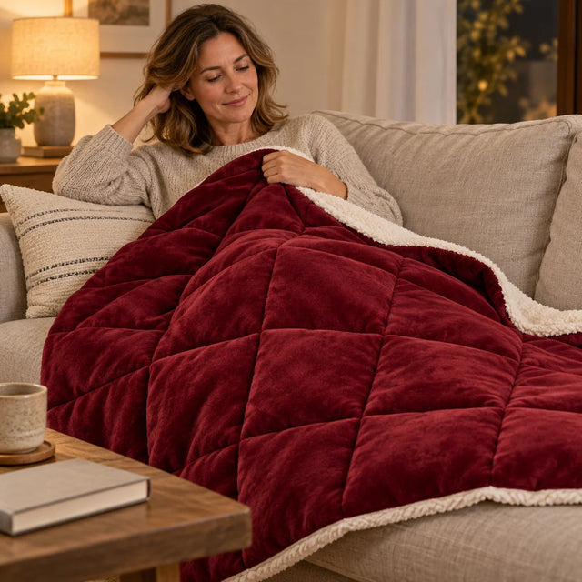 PyreFit Winterdecke in rot – auf dem Sofa