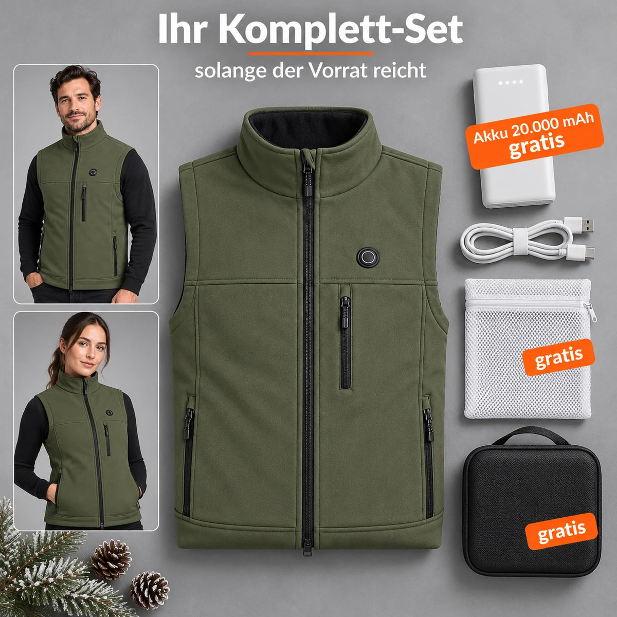 Komplett-Set: Allora, 20.000-mAh-Akku, Ladekabel, Wäschenetz und Tasche