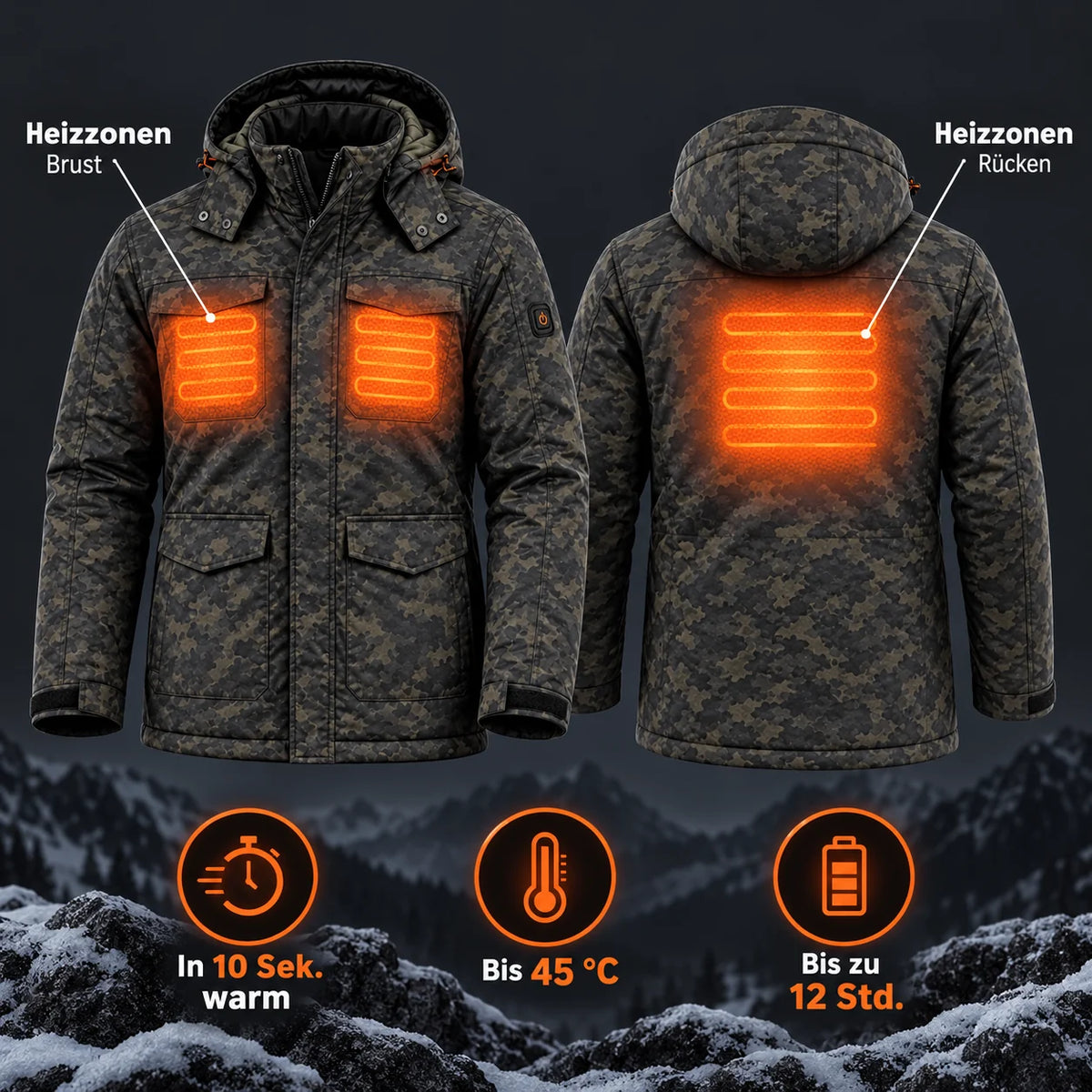 Beheizbare Herrenjacke in Camouflage PyreFit Alpino: Heizzonen an Brust und Rücken