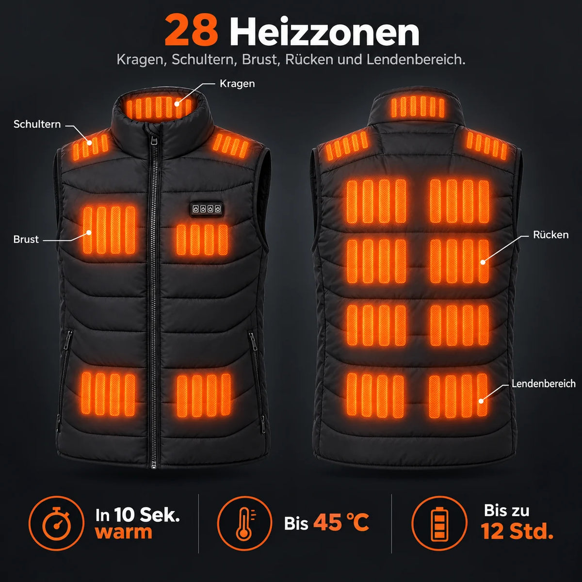 Beheizbare Unisex-Weste PyreFit Aurina: 28 Heizzonen an Kragen, Schultern, Brust, Rücken und Lendenbereich