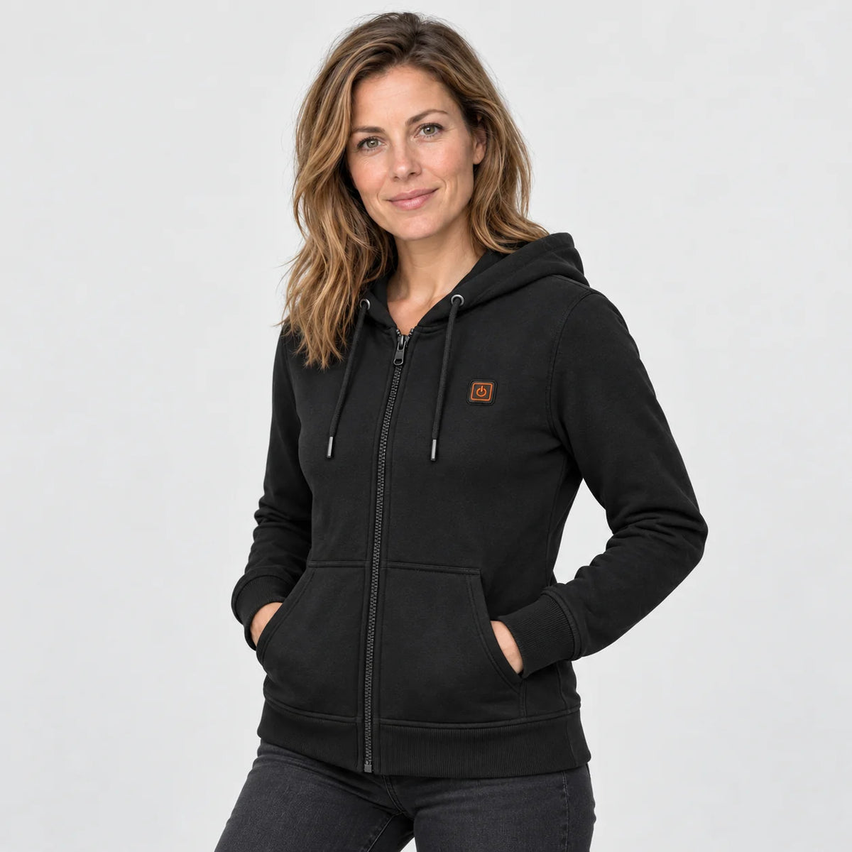 Beheizbare Damen-Sweatjacke PyreFit Cosaro, getragen, Frontansicht