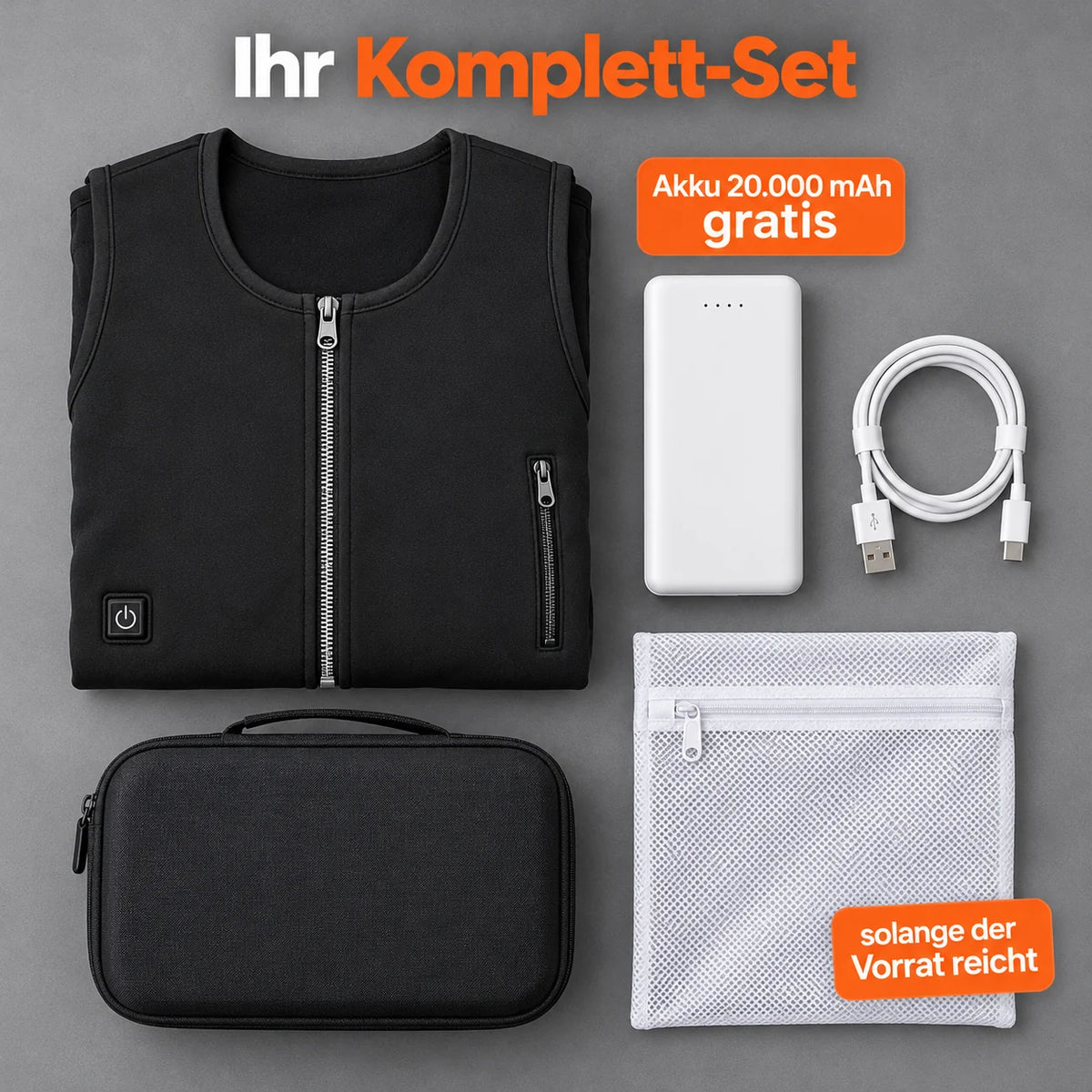 Komplett-Set: Duvaro, 20.000-mAh-Akku, Ladekabel, Wäschenetz und Tasche