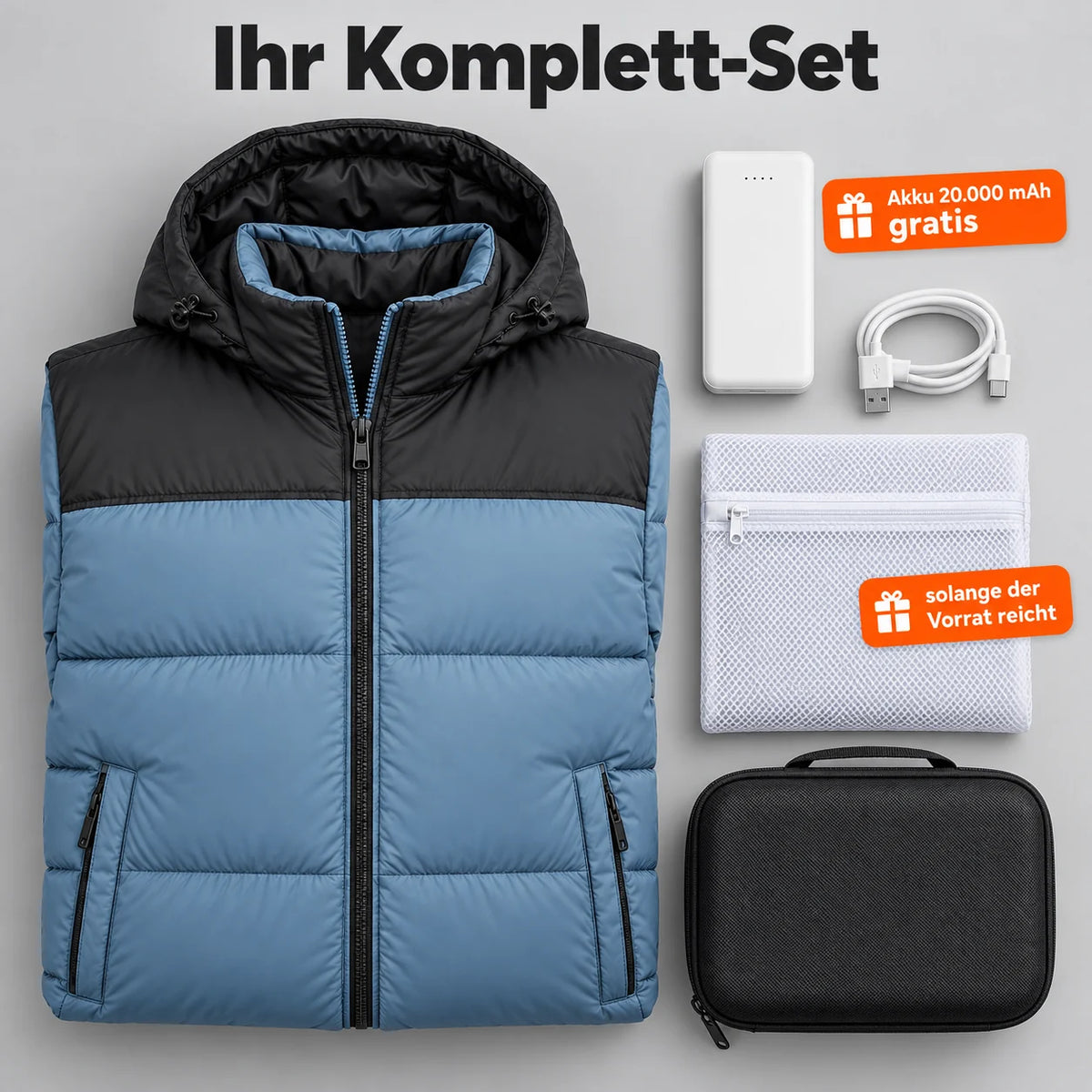 Komplett-Set: Gletor, 20.000-mAh-Akku, Ladekabel, Wäschenetz und Tasche
