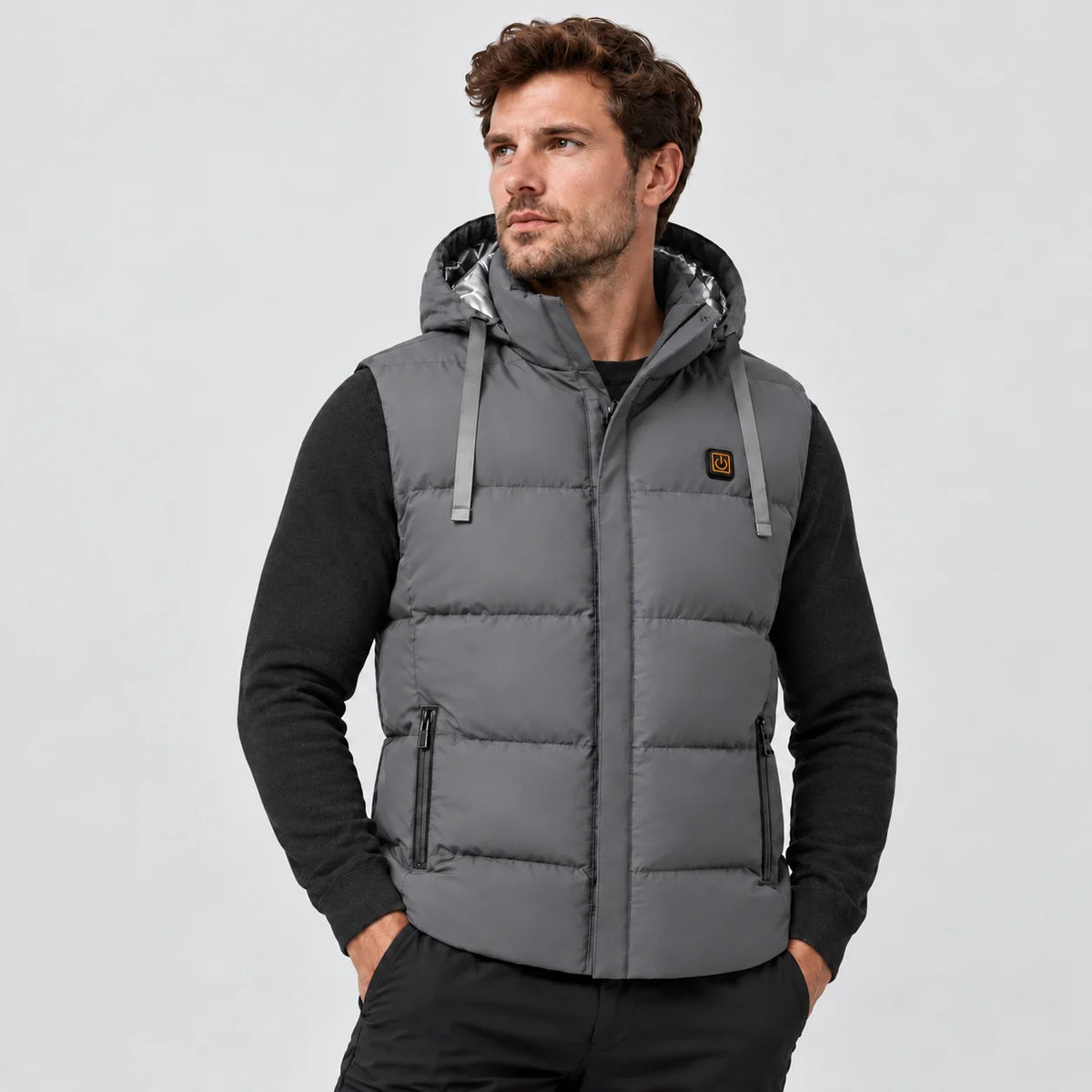 Beheizbare Unisex-Weste mit Kapuze PyreFit Horizonor in Grau, Frontansicht