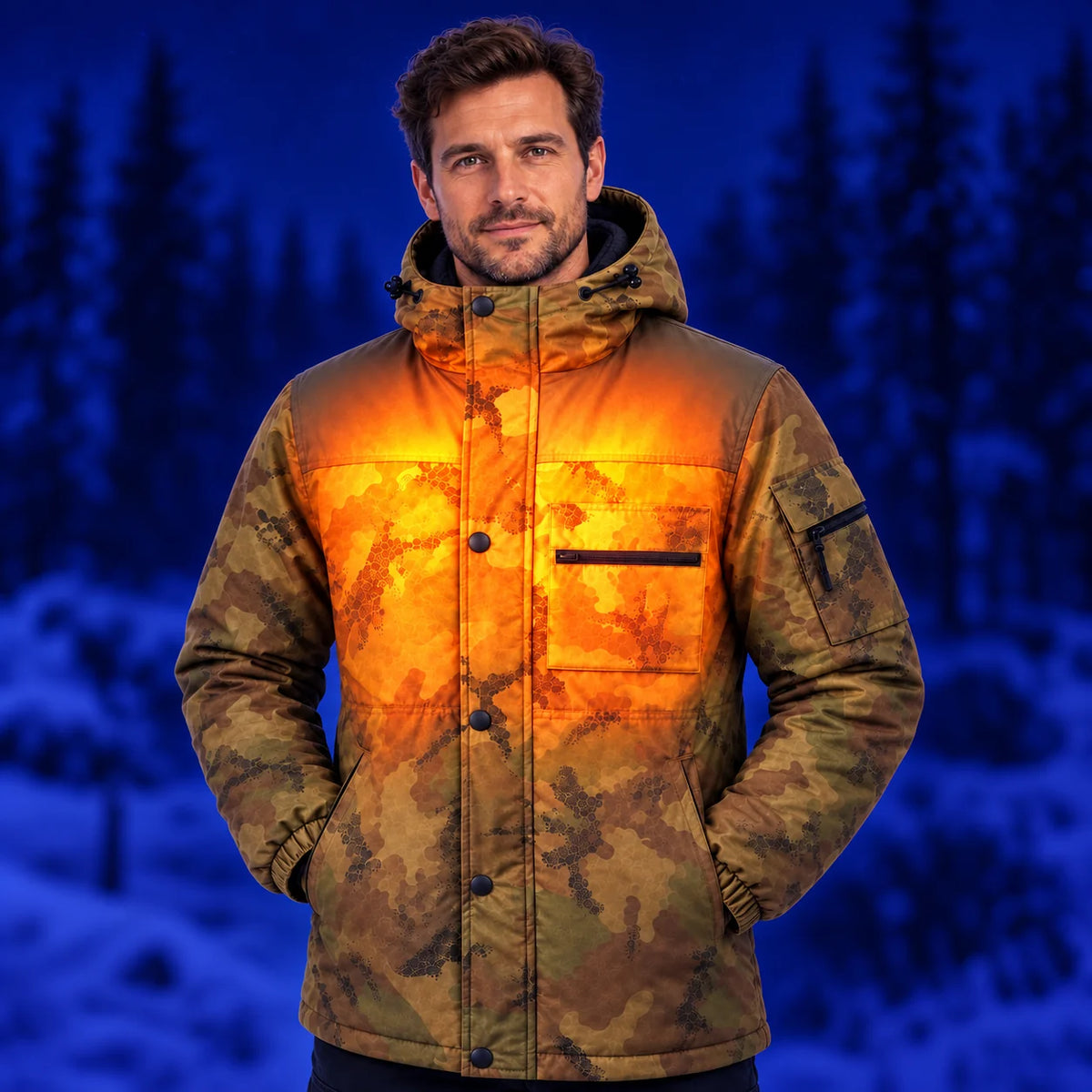 Beheizbare Herrenmantel in Camouflage PyreFit Mistro – Wärme an Oberkörper