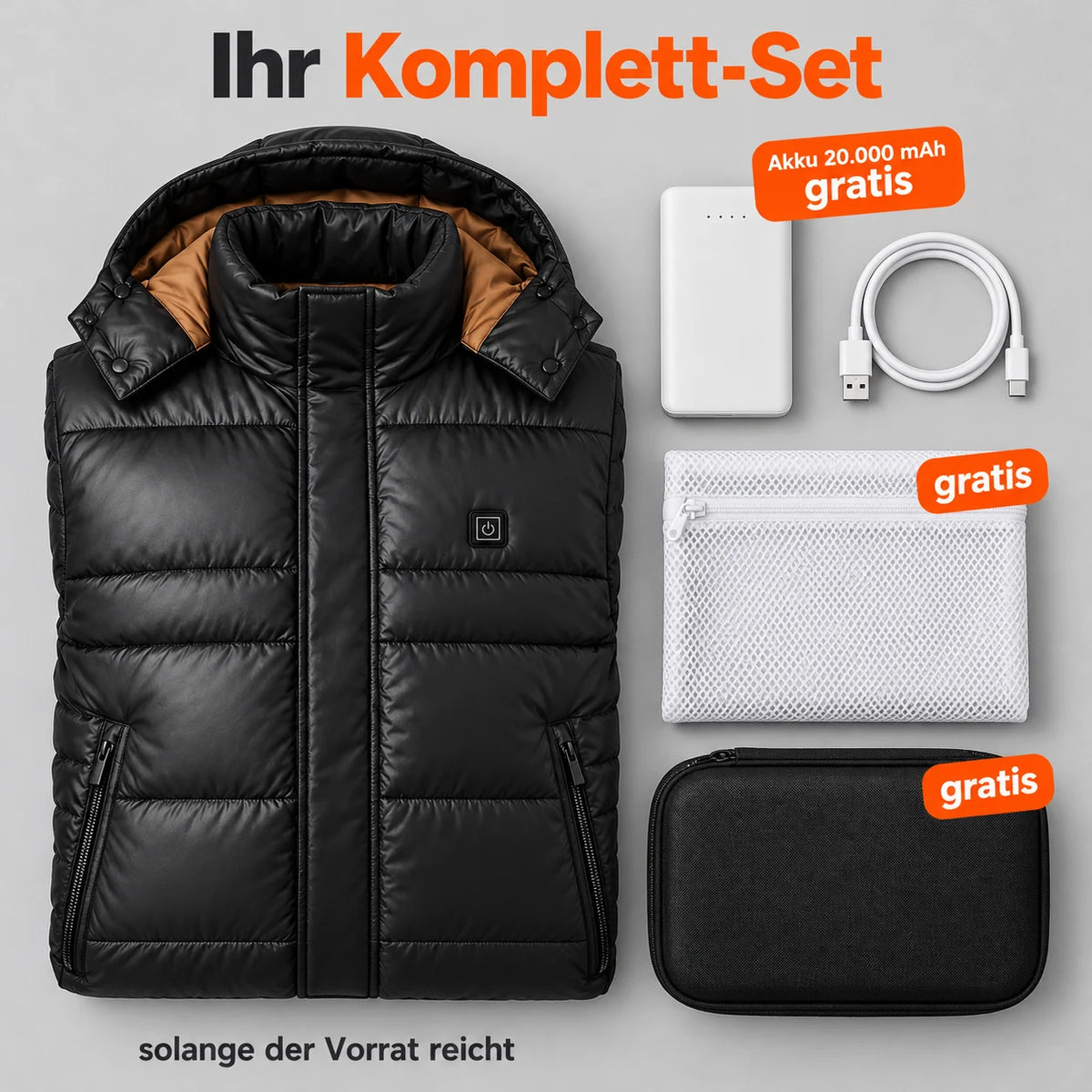 Komplett-Set: Norvia, 20.000-mAh-Akku, Ladekabel, Wäschenetz und Tasche