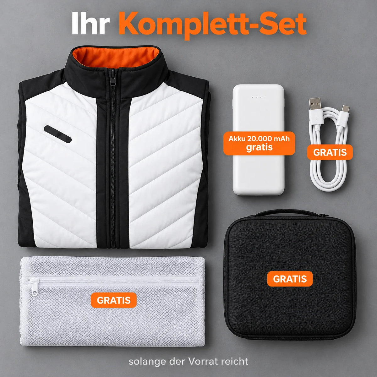 Komplett-Set: Novaro, 20.000-mAh-Akku, Ladekabel, Wäschenetz und Tasche