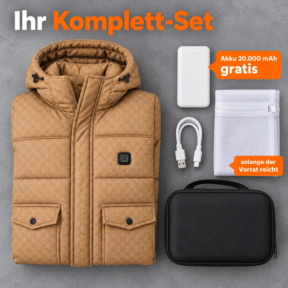 Komplett-Set: Orielle, 20.000-mAh-Akku, Ladekabel, Wäschenetz und Tasche