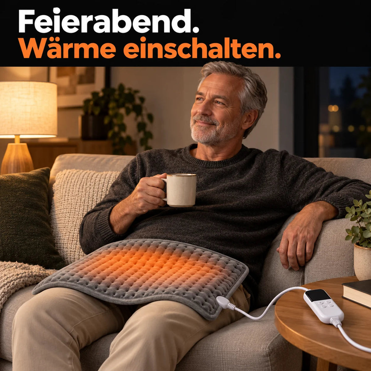 Elektrisches Heizkissen von PyreFit bei einer ruhigen Pause auf dem Sofa