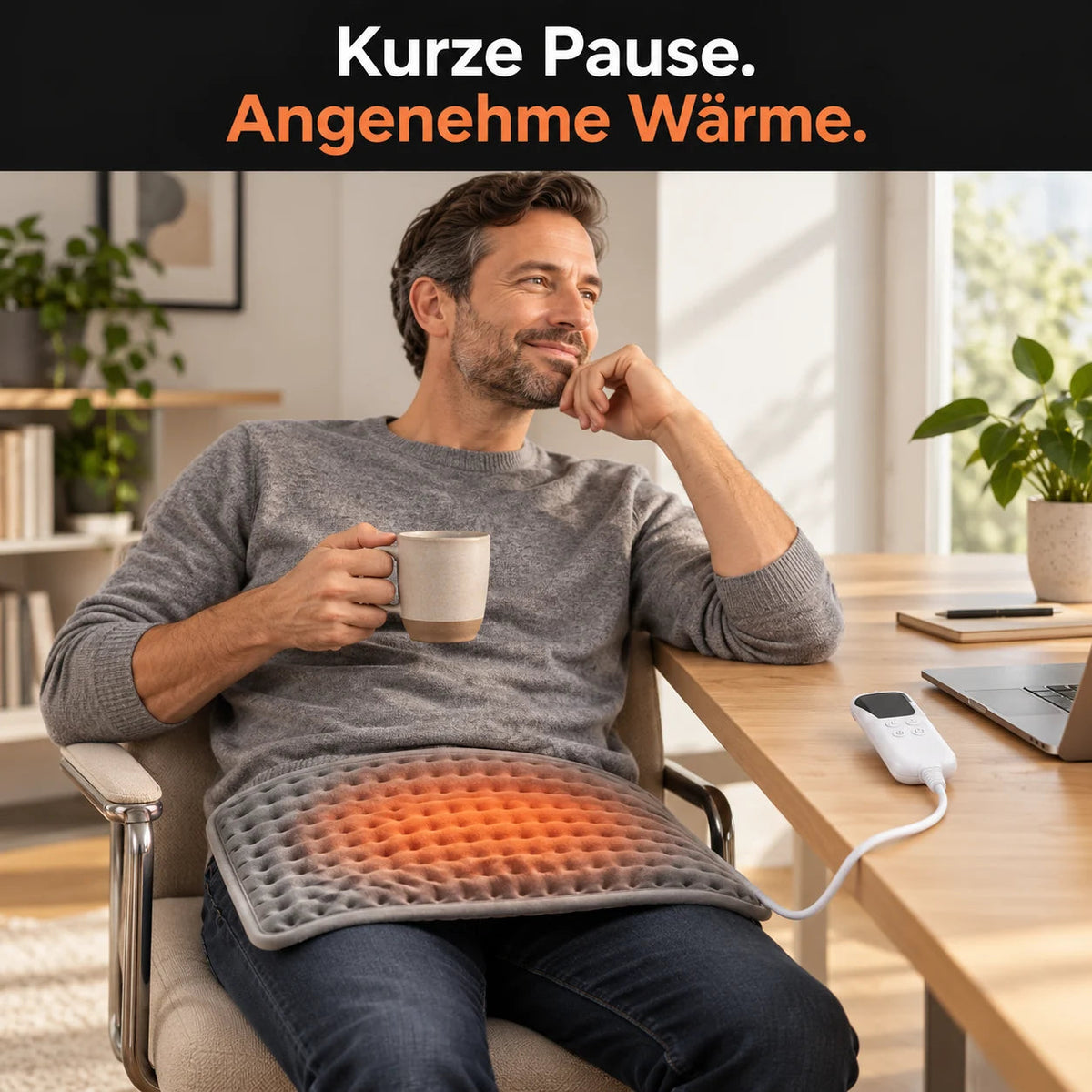 Elektrisches Heizkissen bei einer Pause am Schreibtisch