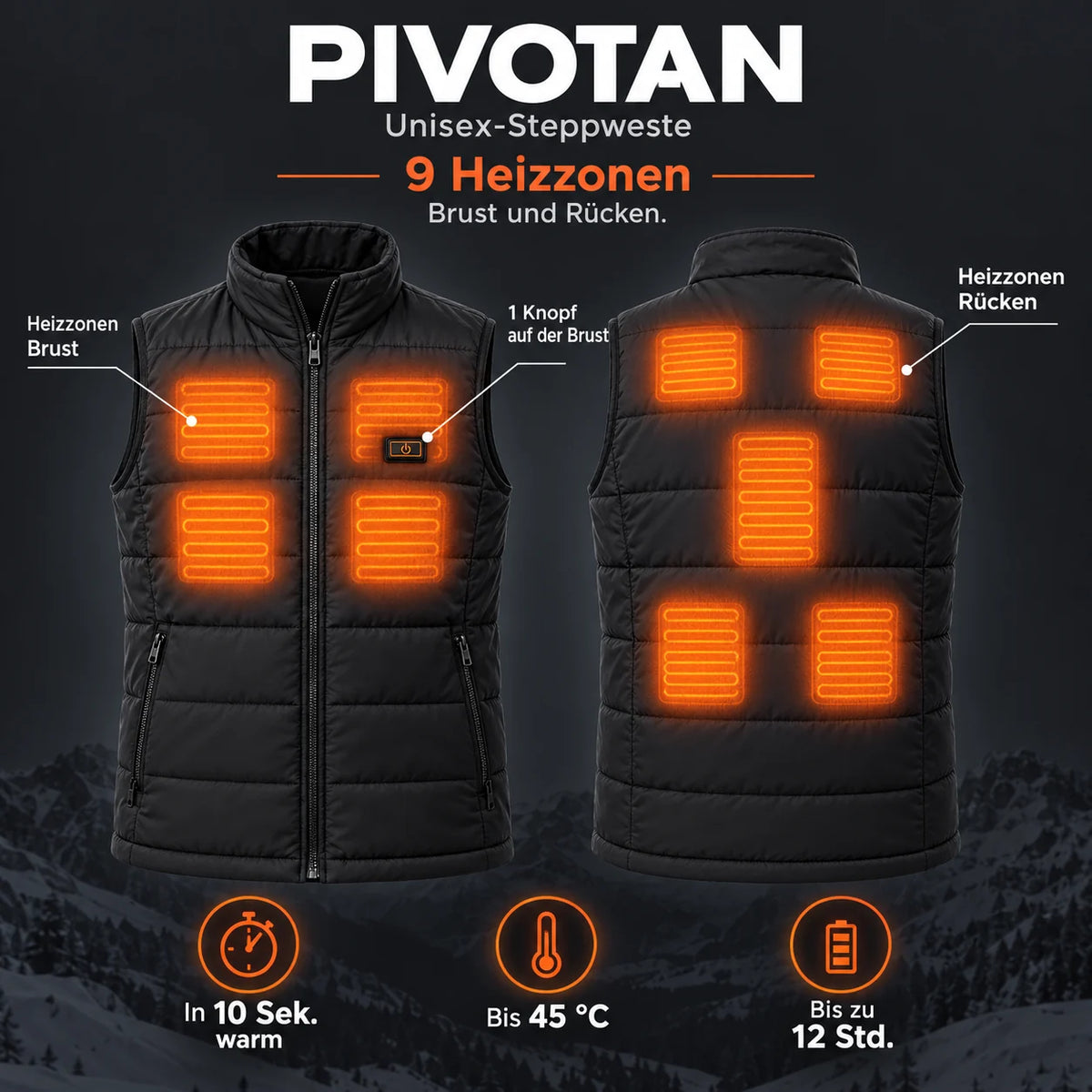 Beheizbare Unisex-Steppweste PyreFit Pivotan: 9 Heizzonen an Brust und Rücken
