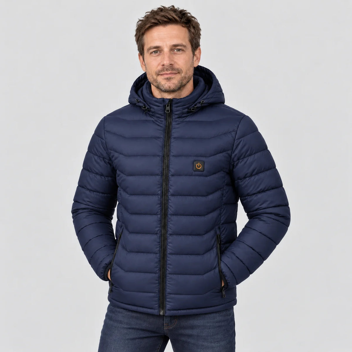 Beheizbare Herren-Steppjacke PyreFit Rangor in Marineblau, Frontansicht