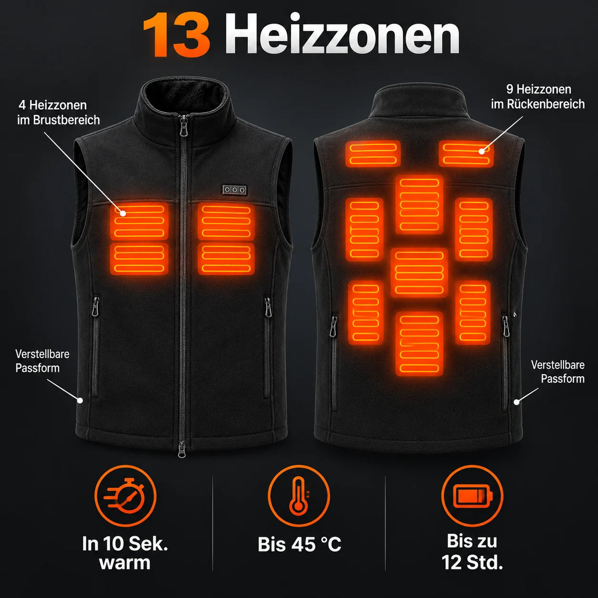 Beheizbare Unisex-Weste mit verstellbarer Weite PyreFit Tarnor: 13 Heizzonen an Brust (4 Zonen) und Rücken (9 Zonen)
