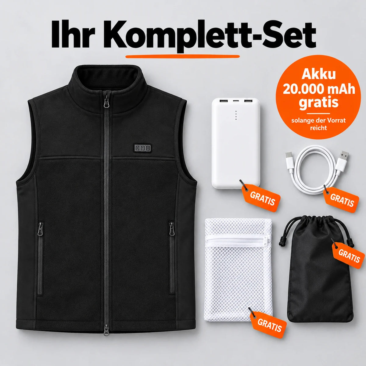 Komplett-Set: Tarnor, 20.000-mAh-Akku, Ladekabel, Wäschenetz und Tasche