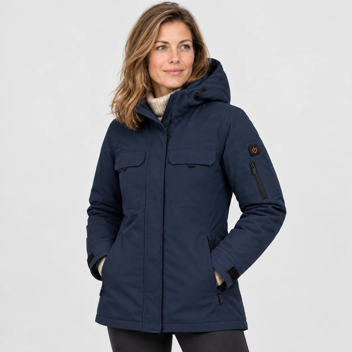Beheizbarer Damenparka PyreFit Terrano in Marineblau, Frontansicht