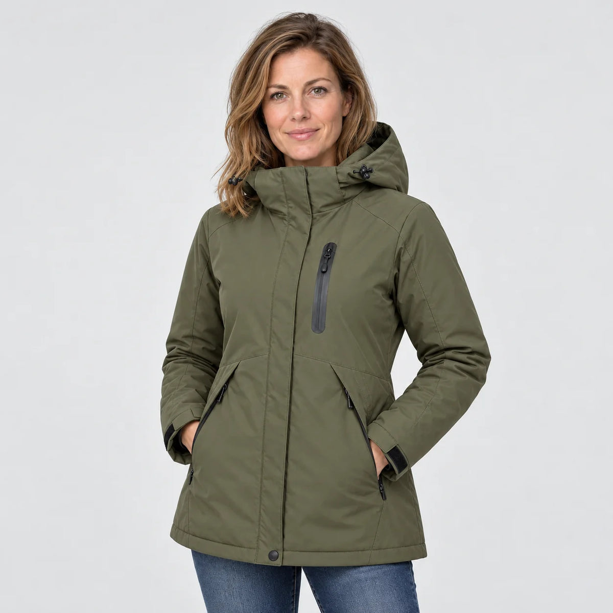 Beheizbarer Damenparka PyreFit Traverso in Khaki, Frontansicht