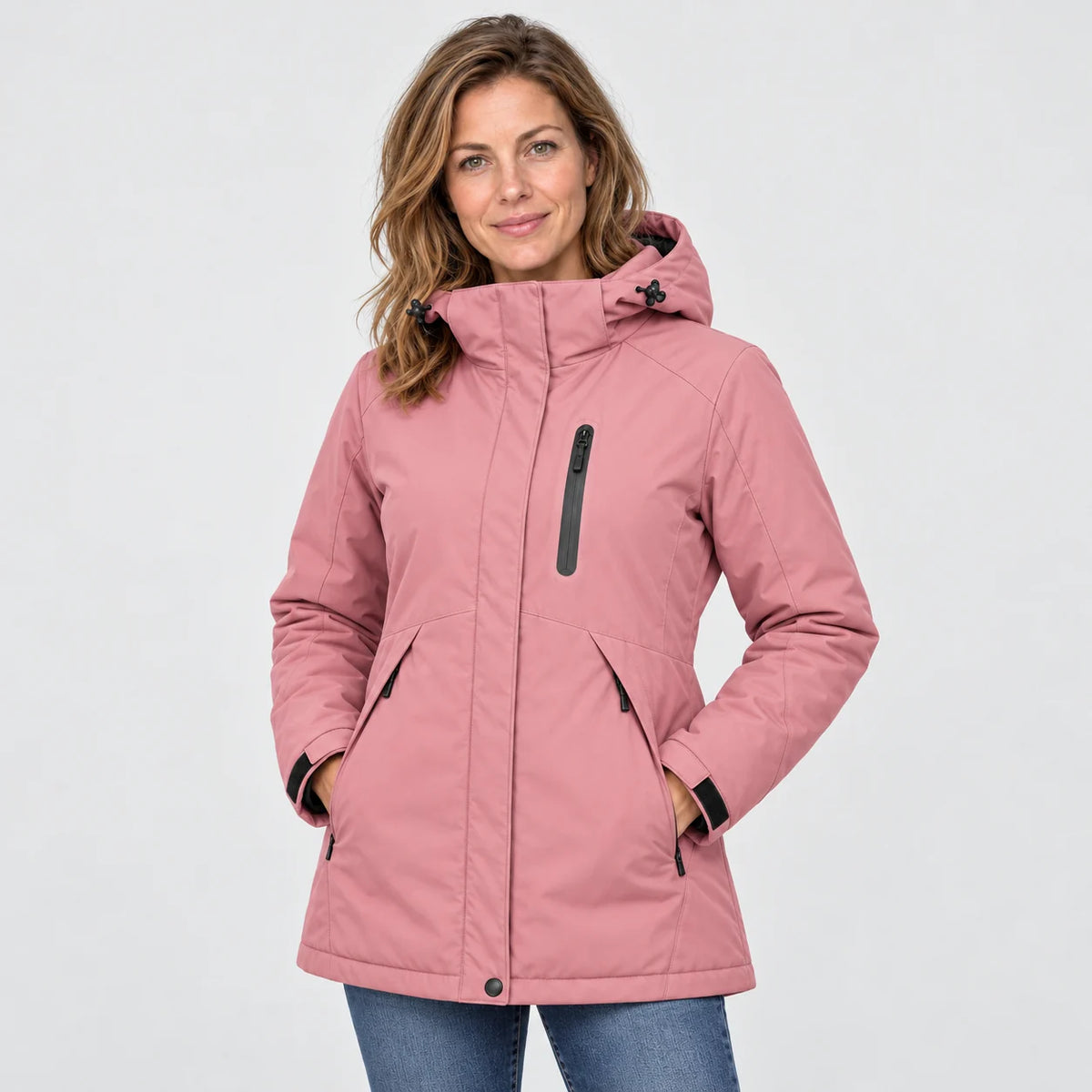 Beheizbarer Damenparka PyreFit Traverso in Rosa, Frontansicht