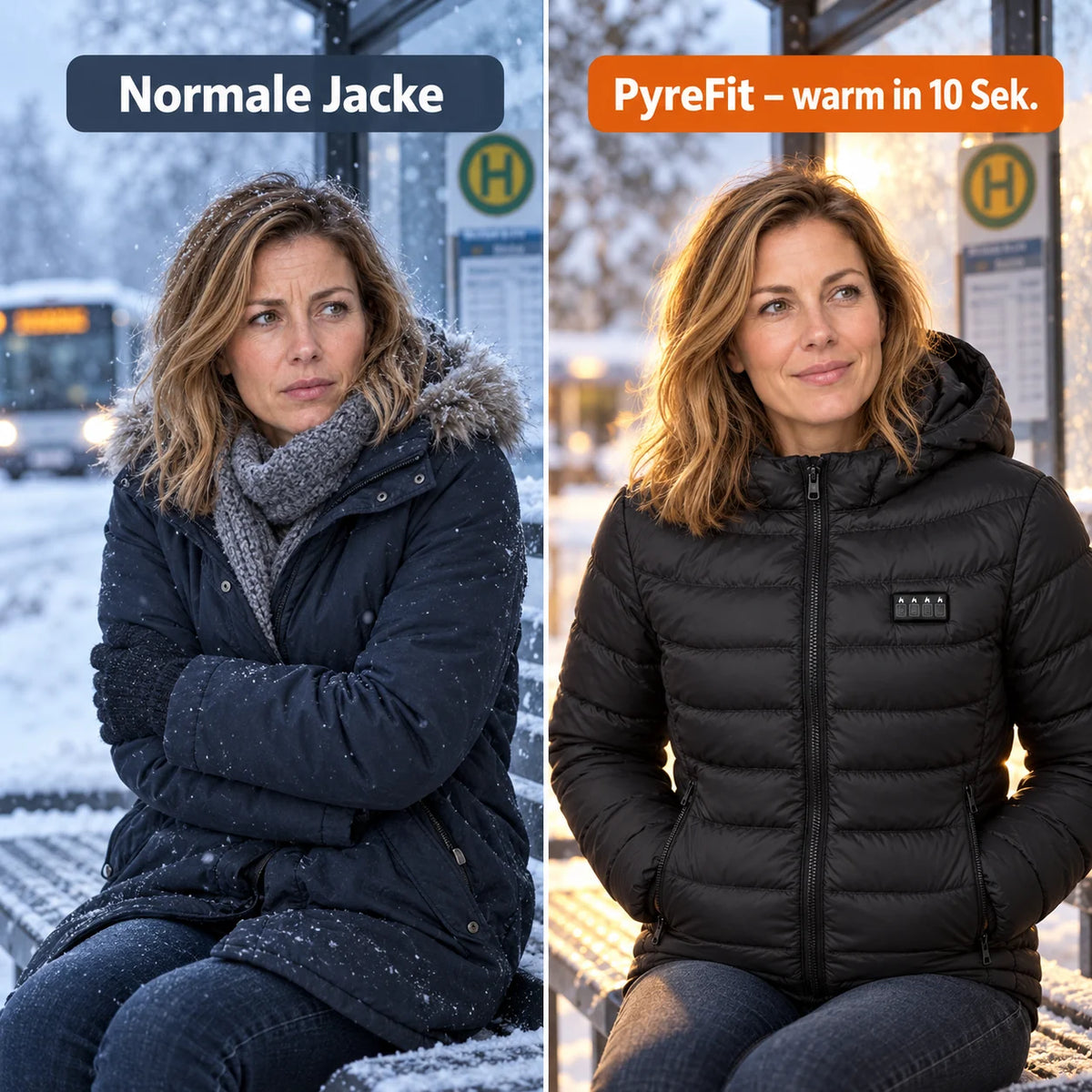 Vergleich: normale Winterjacke und PyreFit Heizjacke