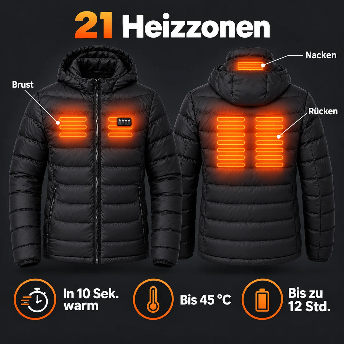 21 Heizzonen an Brust, Rücken und Nacken