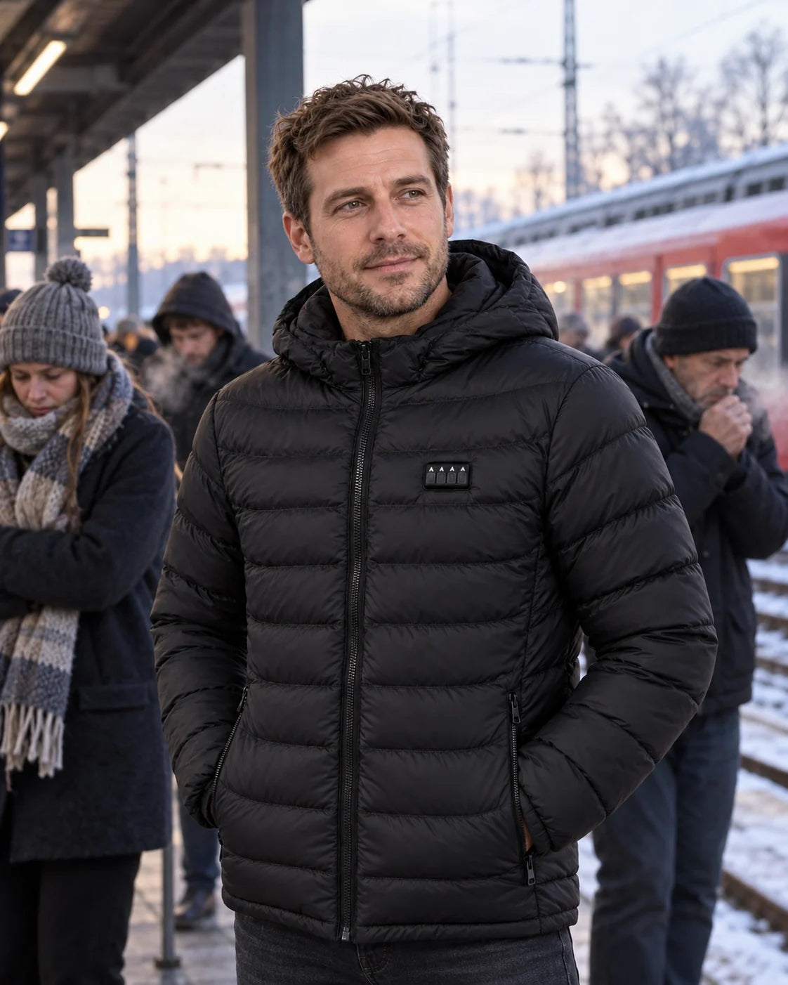 Heizjacke beim Warten am Bahnsteig