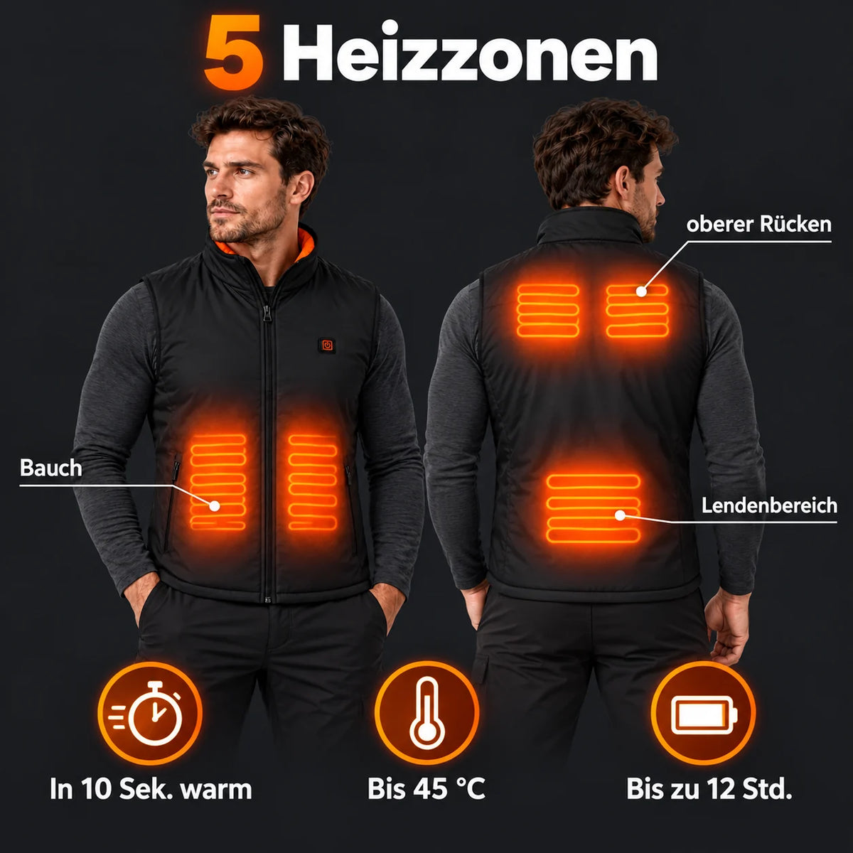 Beheizbare Herren-Sportweste PyreFit Ventaro: 5 Heizzonen an Bauch, oberer Rücken und Lendenbereich