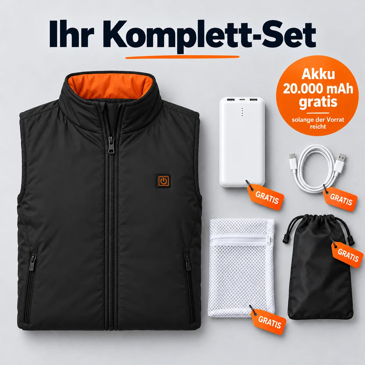 Komplett-Set: Ventaro, 20.000-mAh-Akku, Ladekabel, Wäschenetz und Tasche