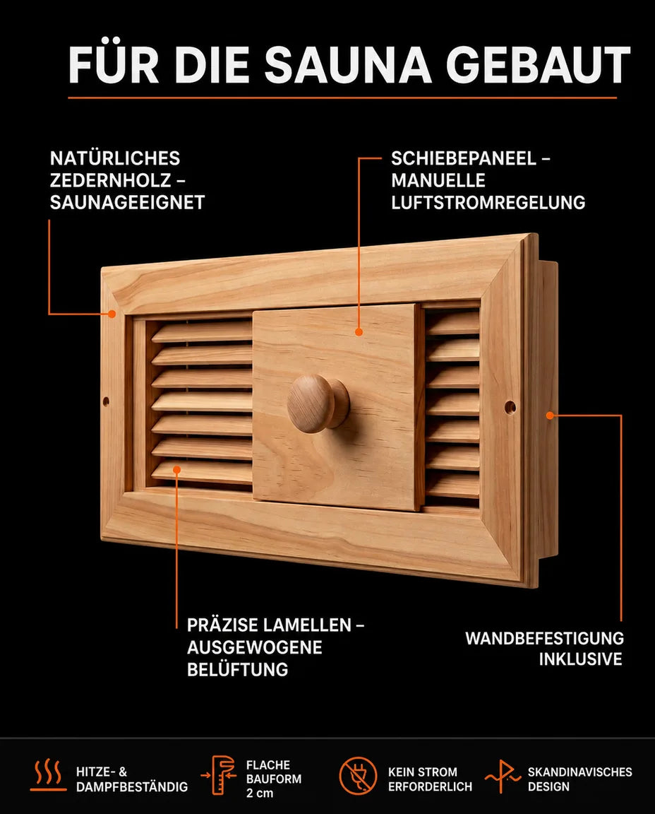 Sauna-Lüftungsventil aus Saunaholz – regulierbare Belüftung mit Schieber – Produktbild 8