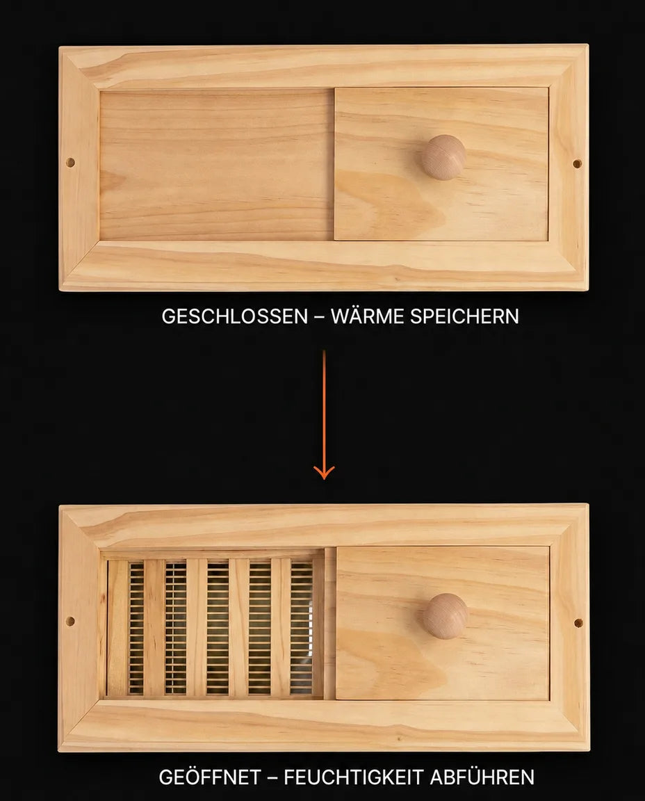 Sauna-Lüftungsventil aus Saunaholz – regulierbare Belüftung mit Schieber – Produktbild 9