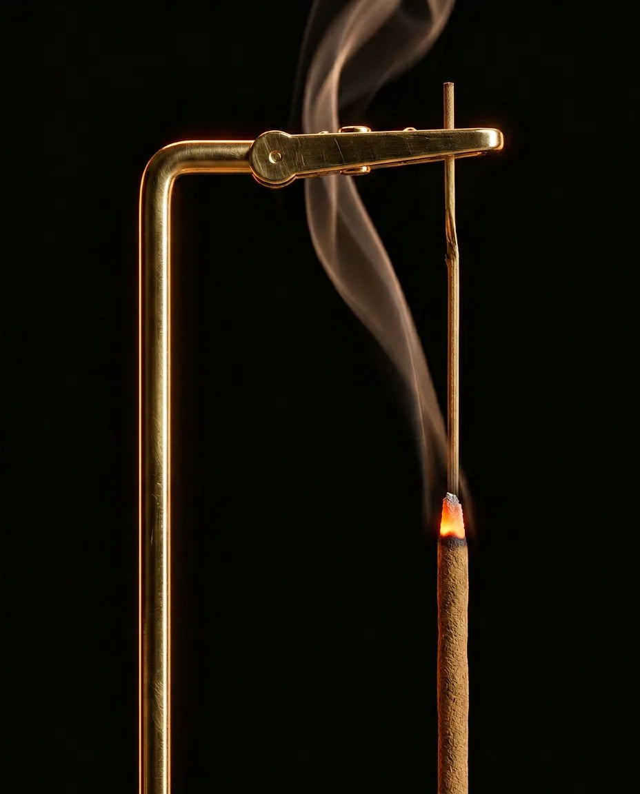 Räucherstäbchenhalter aus Messing und Holz – Glasschale fängt die Asche sauber auf – Produktbild 4